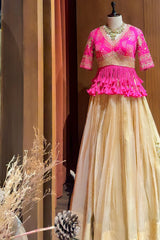 Champagne Beige Tissue Lehenga with Dramatic Tasselled Bandhej Crop Top Set