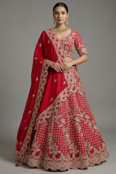 Red Raw Silk Floral Motif Sequin and Bead Worked Bridal Lehenga