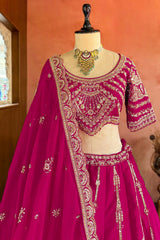 Rani Pink Raw Silk Sequin Beaded Lehenga with Double Dupatta