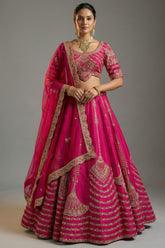 Rani Pink Raw Silk Sequin Beaded Lehenga with Double Dupatta