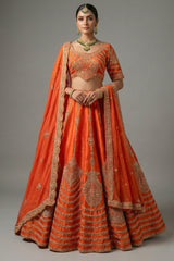 Orange Raw Silk Sequin Beaded Lehenga with Double Dupatta