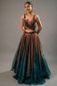 Brown and Prussian Blue Glass Organza Asymmetrical Lehenga