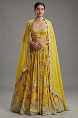 Lime Yellow Chiffon Chinon Silk Floral Printed Corset Lehenga