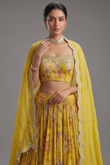 Lime Yellow Chiffon Chinon Silk Floral Printed Corset Lehenga