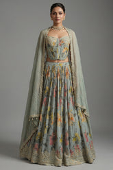 Light Sage Green Chinon Chiffon Silk Digital Floral Printed Corset Lehenga