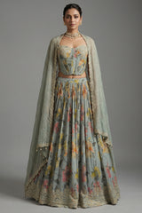 Light Sage Green Chinon Chiffon Silk Digital Floral Printed Corset Lehenga