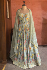 Light Sage Green Chinon Chiffon Silk Digital Floral Printed Corset Lehenga