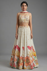 Off White Chinon Silk Floral Printed Lehenga with Shell Detailing