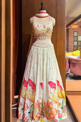 Off White Chinon Silk Floral Printed Lehenga with Shell Detailing