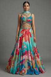 Turquoise Blue Crepe Silk Printed Lehenga with Shell Detailing