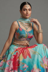 Turquoise Blue Crepe Silk Printed Lehenga with Shell Detailing