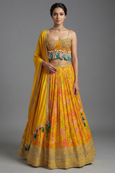 Amber Yellow Mustard Organza Printed Lehenga Set