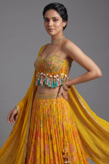 Amber Yellow Mustard Organza Printed Lehenga Set