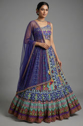 Blue Crepe Silk Printed Asymmetric Neckline Lehenga Set