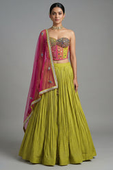 Citrine Yellow Chinon Pleated Corset Lehenga Set