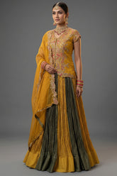 Multi Colored Chinon Shimmer Embroidered Lehenga Set