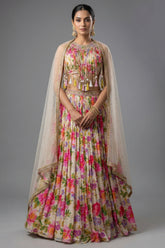 Ivory White Chinon Printed Jewel Neck Lehenga Set