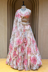 Ivory Organza Floral Printed Sequin and Cutdana Worked Lehenga
