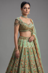 Green Organza Designer Handworked Lehenga