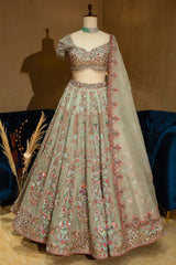Green Organza Designer Handworked Lehenga