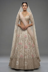 Off White Silk Flamingo Forest Embroidered Lehenga with Double Dupatta