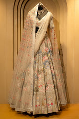 Ivory White Shimmer Organza Handworked Lehenga with Double Dupatta