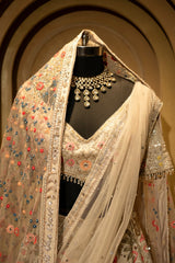 Ivory White Shimmer Organza Handworked Lehenga with Double Dupatta