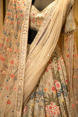 Ivory White Shimmer Organza Handworked Lehenga with Double Dupatta