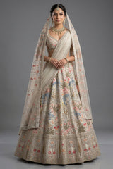 Ivory White Shimmer Organza Handworked Lehenga with Double Dupatta