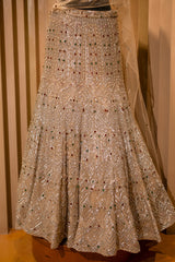 Champagne Gold Net Mermaid Lehenga with Attached Cape-Style Dupatta & Intricate Cutdana Work