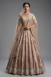 Champagne Brown Silk Couture Lehenga with Architectural Border & Intricate Dori-Mirror Fusion