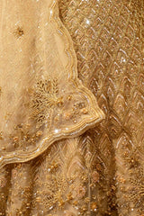 Champagne Gold Net Corset Lehenga with 3D Floral Appliqués and Architectural Cutwork
