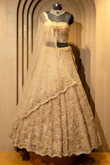 Champagne Gold Net Corset Lehenga with 3D Floral Appliqués and Architectural Cutwork