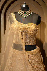Champagne Gold Net Corset Lehenga with 3D Floral Appliqués and Architectural Cutwork