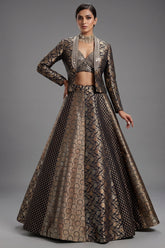 Black and Golden Banarasi Brocade Silk Crop Top Lehenga with Jacket