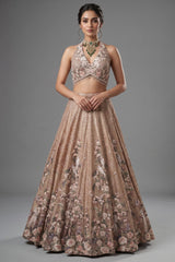 Champagne Brown Luxury Tissue Hand-Embroidered Bridal Lehenga Choli