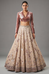 Metallic Warm Ivory Beige Tissue Lehenga with Smoked Mauve Crop Top