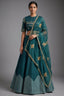 Bottle Green Silk Chevron Woven Kalidaar Lehenga with Pearl-Embellished Boat Neck Blouse