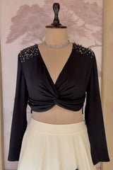 Cream Crepe Silk Bold Monochrome Floral Lehenga with Twist-Knot Gunmetal Studded Crop Top