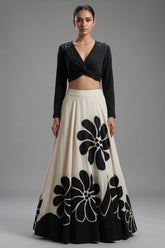 Cream Crepe Silk Bold Monochrome Floral Lehenga with Twist-Knot Gunmetal Studded Crop Top