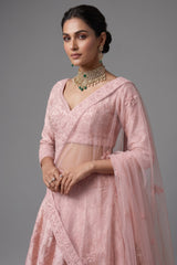 Light Pink Raw Silk Floral Embroidered and Bead Worked Lehenga