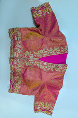 Cream and Fuchsia Two-Tone Tissue Silk Pleated Patola Ikkat Lehenga with Hand-Embellished Zardosi V-Neck Blouse