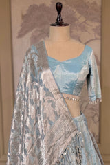 Icy Blue Metallic Tissue Silk Minimalist Lehenga Choli with Woven Banarasi Dupatta and Cowrie Shell Tassels