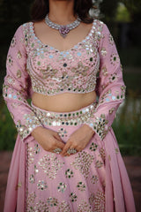 Lilac Pink Tissue Silk Lehenga Ensemble with Scalloped Full-Sleeve Mirror Blouse and Organza Dupatta