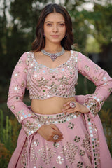 Lilac Pink Tissue Silk Lehenga Ensemble with Scalloped Full-Sleeve Mirror Blouse and Organza Dupatta