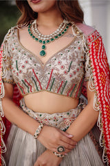 The Imperial Silver Tissue Pleated Lehenga with Coordinated Zardosi Blouse and Handcrafted Gaji Bandhej Patchwork Dupatta