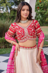 The Cream Silk Paithani Border Lehenga with Peacock Motif Gota Choli and Pink Gaji Bandhej Dupatta