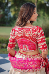 The Cream Silk Paithani Border Lehenga with Peacock Motif Gota Choli and Pink Gaji Bandhej Dupatta