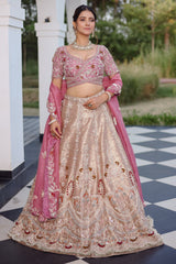 The Onion Pink Banarasi Brocade Silk Lehenga with Scalloped Crossover Choli and Handwork