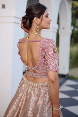 The Onion Pink Banarasi Brocade Silk Lehenga with Scalloped Crossover Choli and Handwork